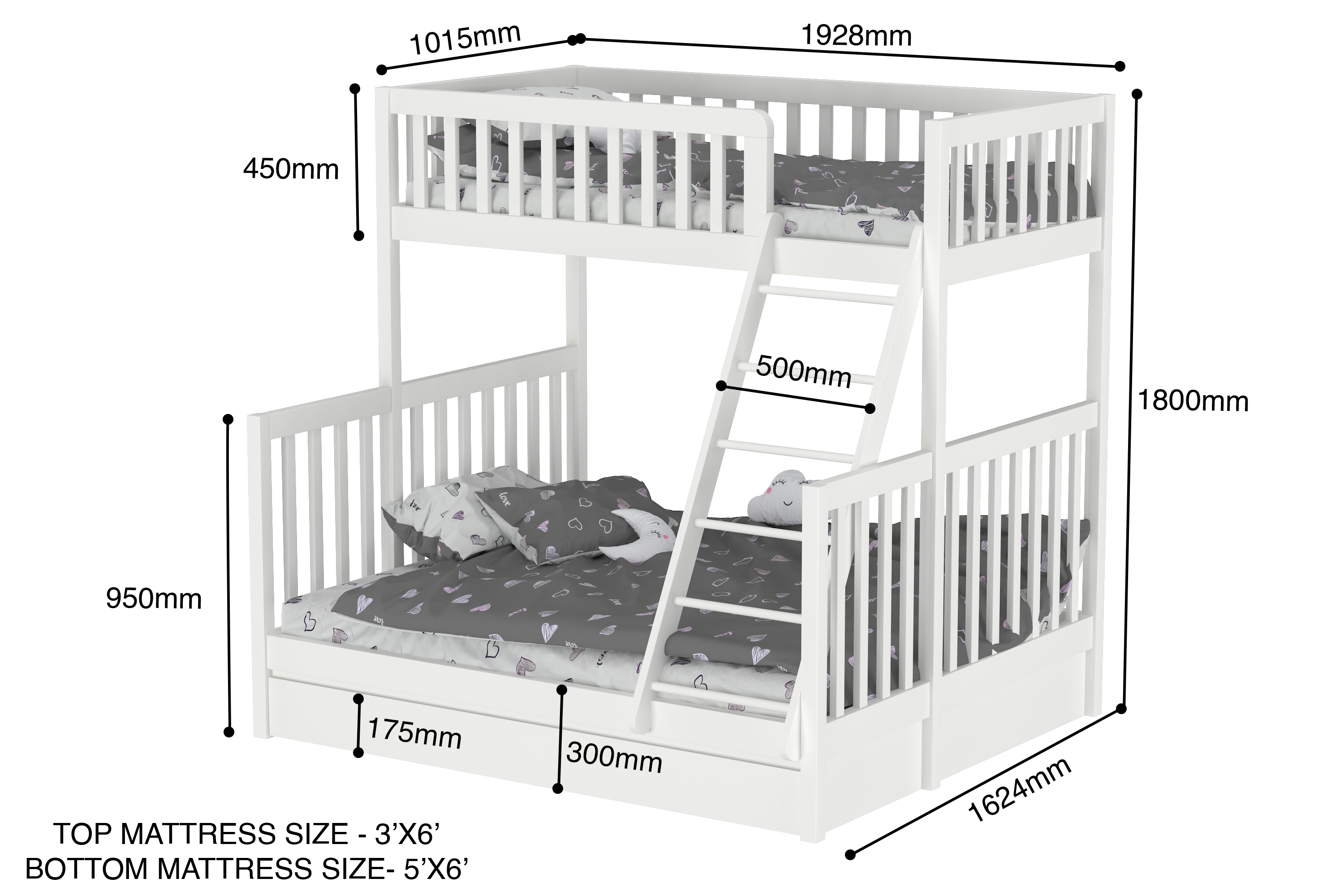 Harmony Queen-Single Bunk Bed with Trundle Bed