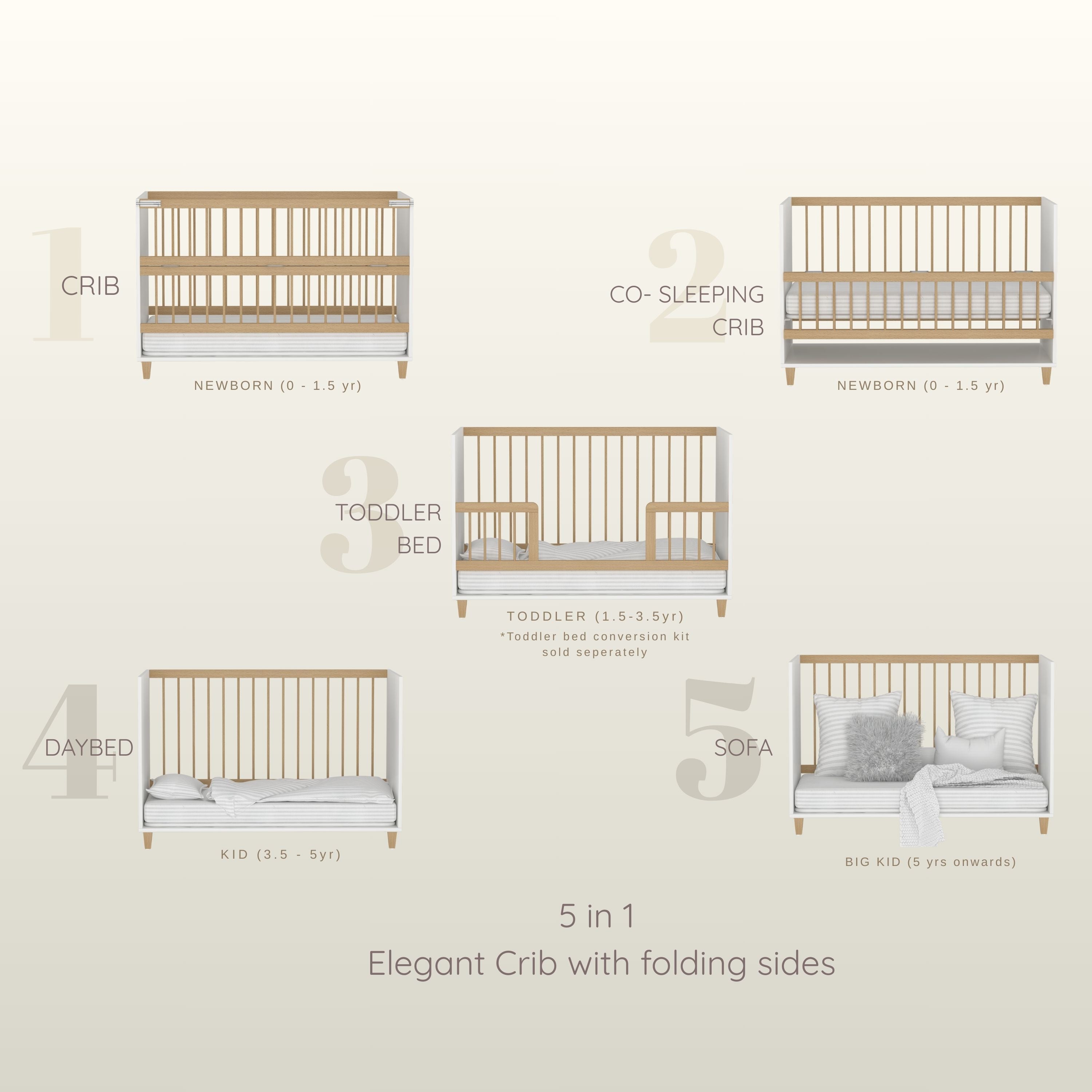 5 in 1 Elegant Crib with Folding Sides