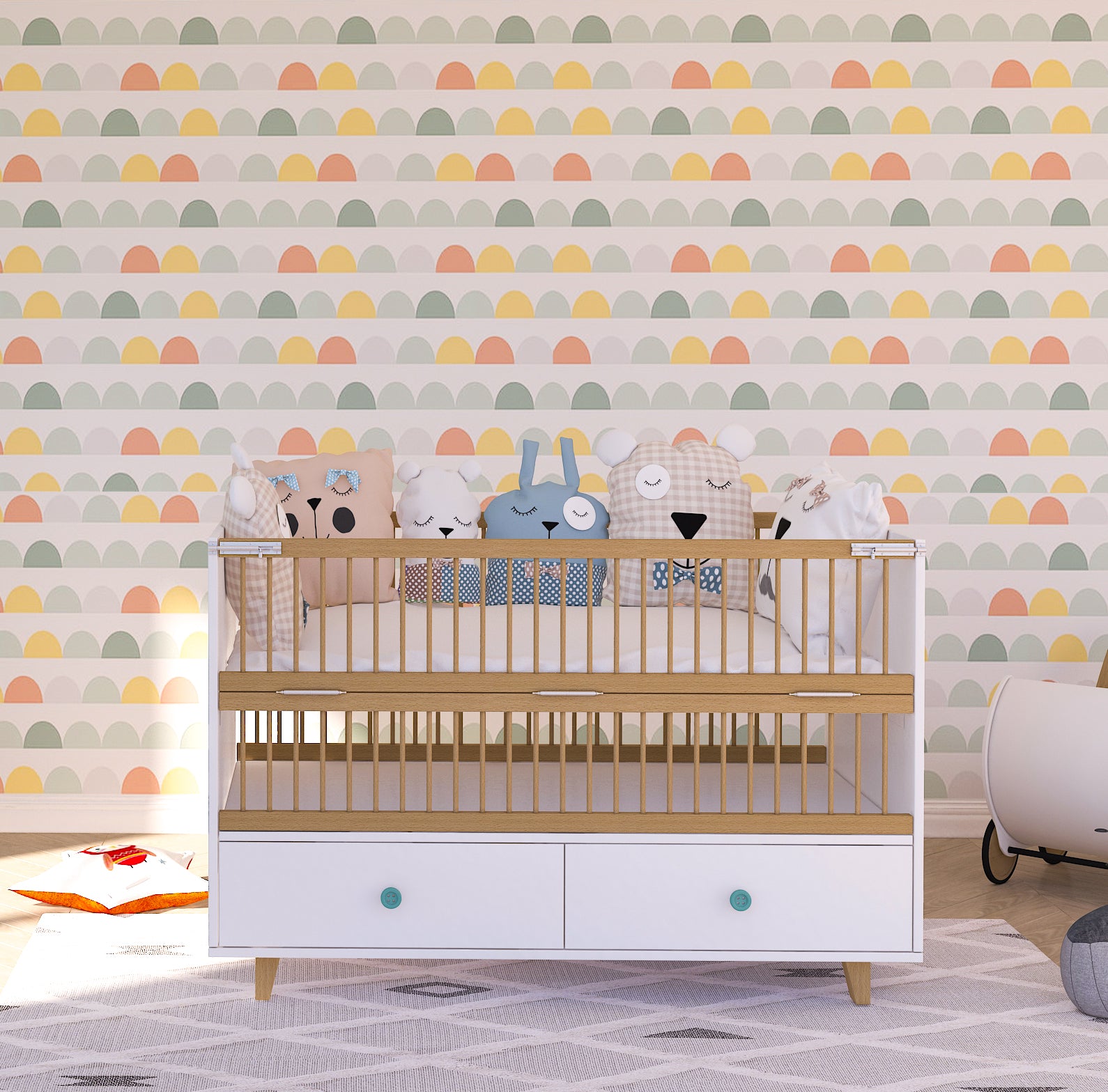 5 in 1 Elegant Crib with Storage and Folding Sides