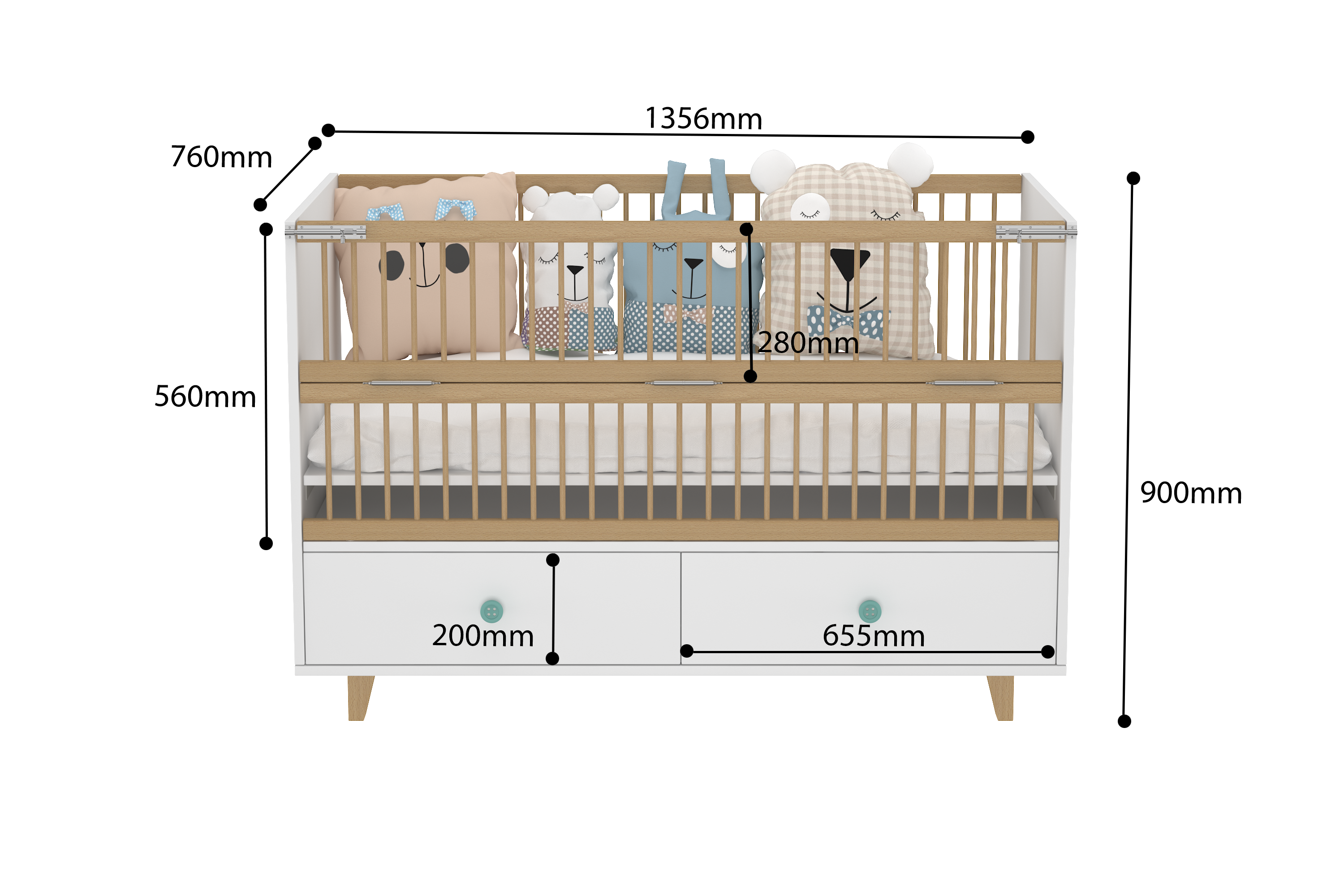 5 in 1 Elegant Crib with Storage and Folding Sides