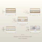 5 in 1 Elegant Crib with Storage and Folding Sides