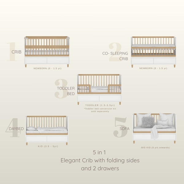 5 in 1 Elegant Crib with Storage and Folding Sides