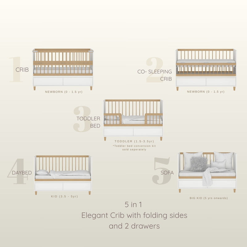 5 in 1 Elegant Crib with Storage and Folding Sides