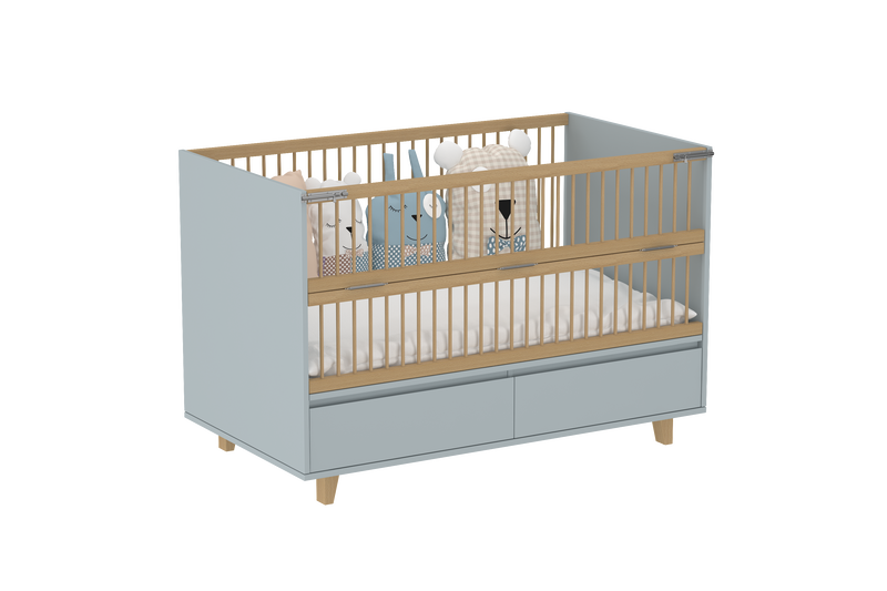 Elegant Light Crib with 2 Drawers and Folding Sides