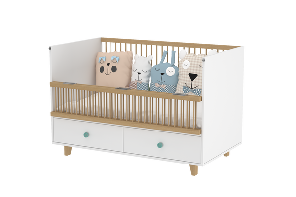 Elegant Light Crib with 2 Drawers and Folding Sides